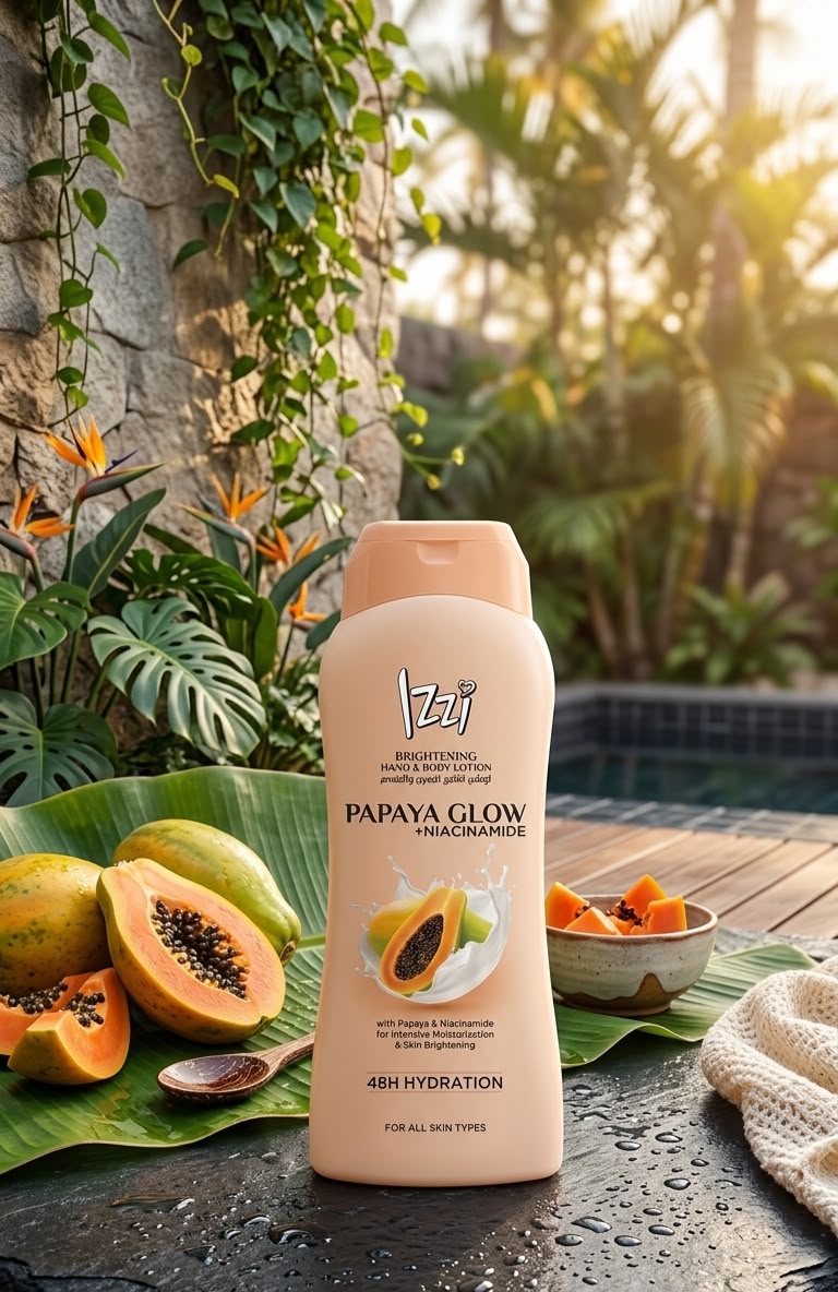 IZZI brightining hand & body lotion papaya glow + niacinamide| Buy Online | Saffronskins India