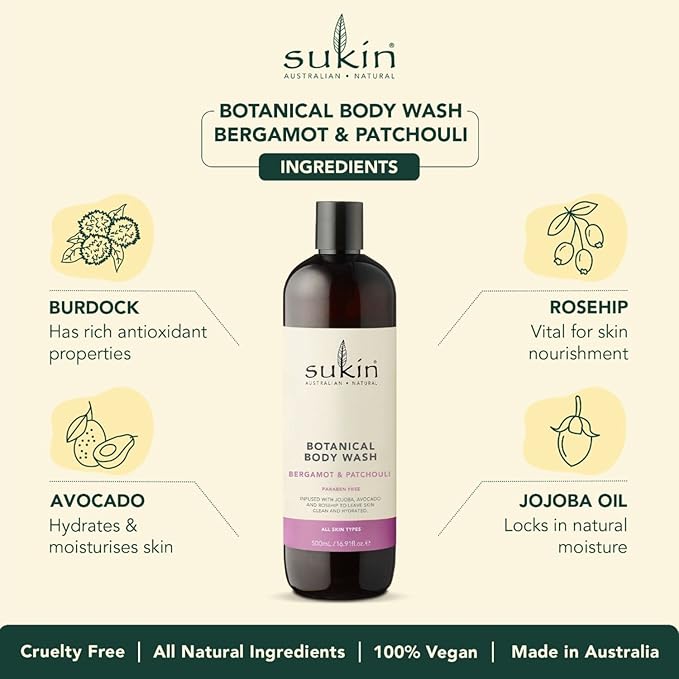 Sukin Botanical Body Wash - Bergamot & Patchouli | Aromatic & Invigorating Natural Body Wash | Gentle Formula | 500 ml | Buy Online | Saffronskins India