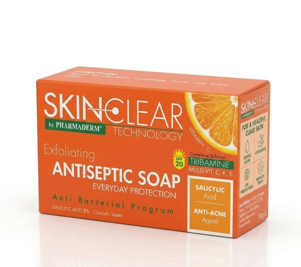 SkinClear Exfoliating Antiseptic Soap  Acne Defense Skin Cleansing Bar with 2% Salicylic Acid + Vitamin C, K, E  | Buy Online | Saffronskins India