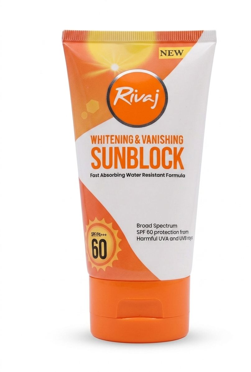 Rivaj whitening & vanishing sunblock spf 60 PA+++ 100ml| Buy Online | Saffronskins India