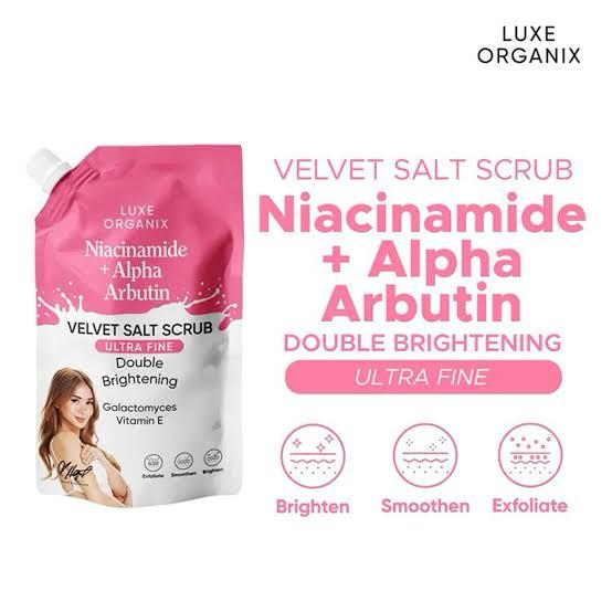 LUXE ORGANIX Niacinamide + arbutin velvet salt scrub 300g| Buy Online | Saffronskins India