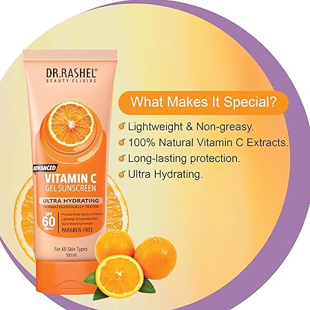 DR.RASHEL Vitamin c gel sunscreen ultra hydrating spf 60 | Buy Online | Saffronskins India