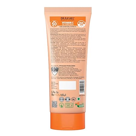 DR.RASHEL Vitamin c gel sunscreen ultra hydrating spf 50 | Buy Online | Saffronskins India 